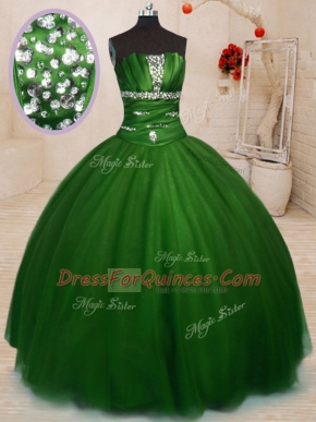 Admirable Tulle Strapless Sleeveless Lace Up Beading Sweet 16 Quinceanera Dress in Green