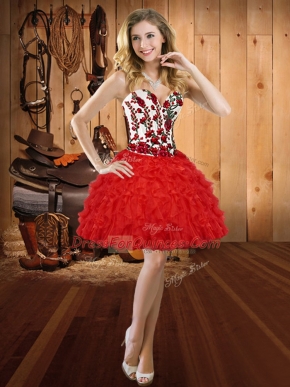 Sleeveless Mini Length Embroidery and Ruffles Lace Up Homecoming Dress with Red
