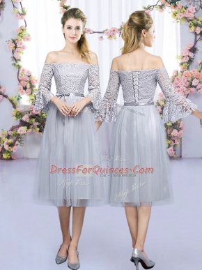 Tea Length Lace Up Quinceanera Court Dresses Grey for Wedding Party with Lace and Belt