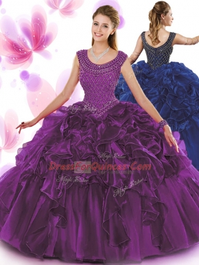 Scoop Sleeveless Organza Floor Length Zipper Sweet 16 Dress in Dark Purple with Beading and Ruffles