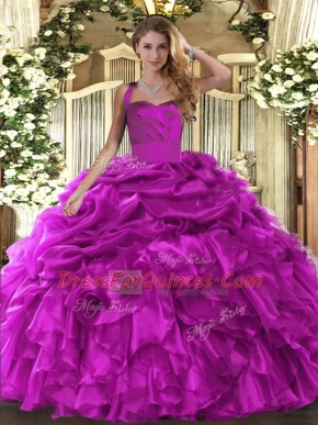 Traditional Organza Halter Top Sleeveless Lace Up Ruffles and Pick Ups Quinceanera Dress in Fuchsia