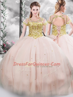 Floor Length Pink Sweet 16 Dresses Tulle Short Sleeves Beading