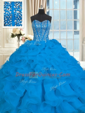 Eye-catching Blue Ball Gowns Sweetheart Sleeveless Organza With Brush Train Lace Up Beading and Ruffles 15th Birthday Dress