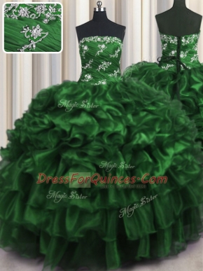 Classical Dark Green Organza Lace Up Strapless Sleeveless Floor Length Sweet 16 Dress Appliques and Ruffles and Ruffled Layers