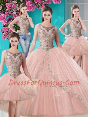 Traditional Four Piece Scoop Sleeveless Lace Up Floor Length Beading and Appliques Ball Gown Prom Dress