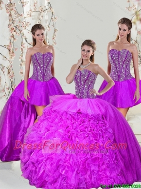 2015 Unique and Detachable Beading and Ruffles Fuchsia Sweet 16 Dresses