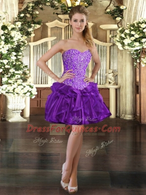 Sweetheart Sleeveless Custom Made Mini Length Beading and Ruffles Purple Organza