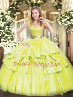 Excellent Yellow Green Ball Gowns Tulle V-neck Sleeveless Beading and Ruffled Layers Floor Length Zipper Quince Ball Gowns