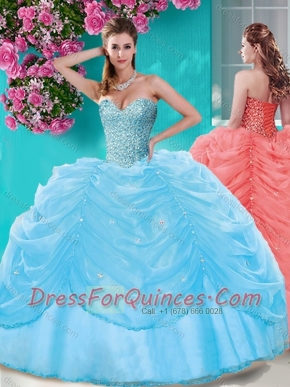 Popular Beaded and Pick Ups Big Puffy Quinceanera Dress in Light Blue