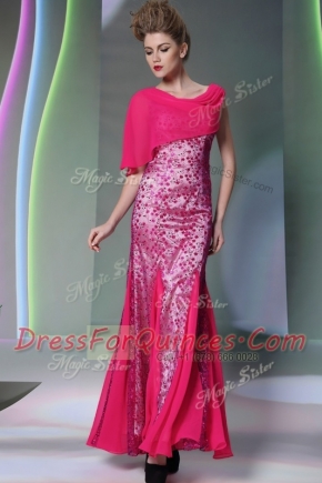 Mermaid Scoop Sleeveless Tulle Floor Length Zipper in Hot Pink with Beading