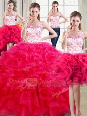 Four Piece Straps Organza Sleeveless Floor Length Quince Ball Gowns and Beading and Ruffles