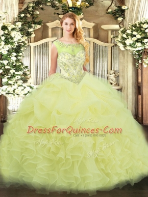 Fine Floor Length Yellow 15 Quinceanera Dress Organza Sleeveless Beading and Ruffles