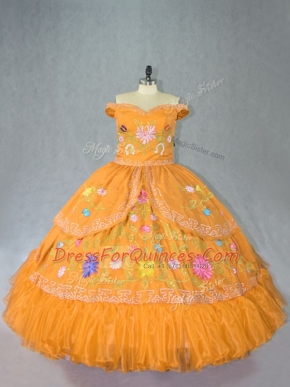Sleeveless Organza Floor Length Lace Up Quinceanera Dress in Gold with Embroidery