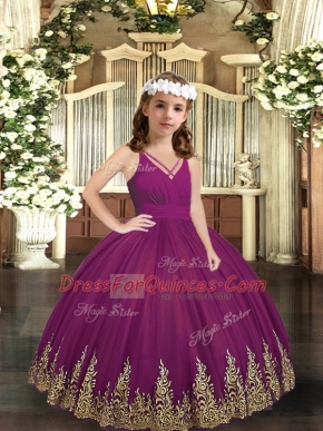 Stylish Embroidery Little Girls Pageant Dress Purple Zipper Sleeveless Floor Length