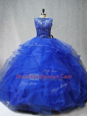 Modern Royal Blue Tulle Lace Up Sweet 16 Dresses Sleeveless Brush Train Beading and Ruffles