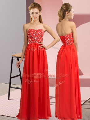 Shining Red Chiffon Lace Up Prom Gown Sleeveless Floor Length Beading