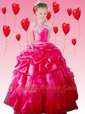 Discout Ball Gown Halter Floor-length Little Gril Pageant Dress with Beading