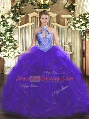 Latest Ruffles and Sequins 15 Quinceanera Dress Purple Lace Up Sleeveless Floor Length