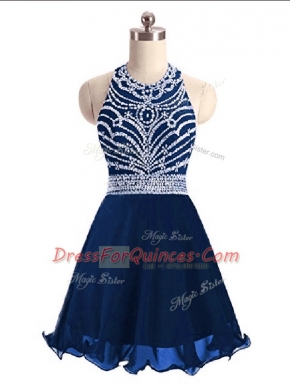 Most Popular A-line Dress for Prom Navy Blue Halter Top Chiffon Sleeveless Mini Length Lace Up