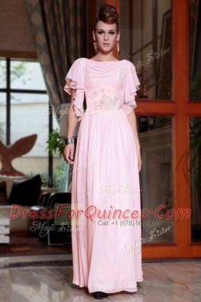 Pink Bateau Side Zipper Beading and Ruching Prom Evening Gown Cap Sleeves
