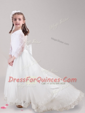 Great Scoop Long Sleeves Tulle With Brush Train Zipper Flower Girl Dress in White with Lace and Bowknot