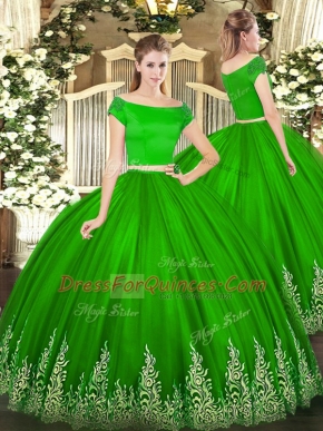 Green Short Sleeves Tulle Zipper Sweet 16 Dress for Military Ball and Sweet 16 and Quinceanera