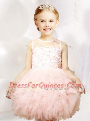 Scoop Baby Pink Sleeveless Mini Length Appliques and Ruffles Zipper Flower Girl Dresses for Less