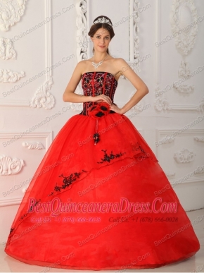 Red Ball Gown Strapless Floor-length Satin and Organza Sweet 16 Dress