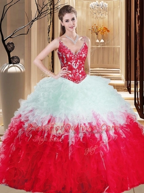Delicate Straps Floor Length Ball Gowns Sleeveless White And Red 15 Quinceanera Dress Lace Up