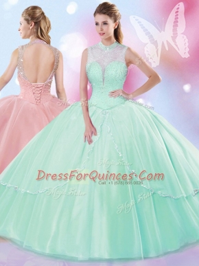 Classical Tulle High-neck Sleeveless Lace Up Beading 15 Quinceanera Dress in Apple Green