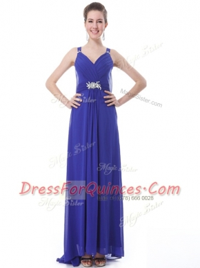 Popular Blue Column/Sheath Chiffon Straps Sleeveless Beading and Ruching With Train Side Zipper Prom Evening Gown Brush Train