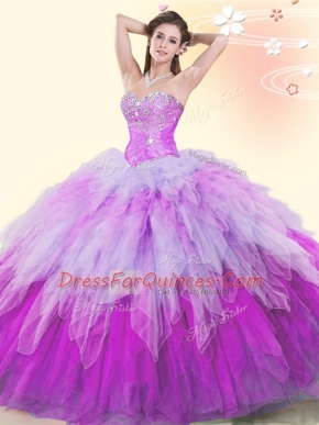 Beautiful Sleeveless Floor Length Beading and Ruffles Lace Up Sweet 16 Quinceanera Dress with Multi-color