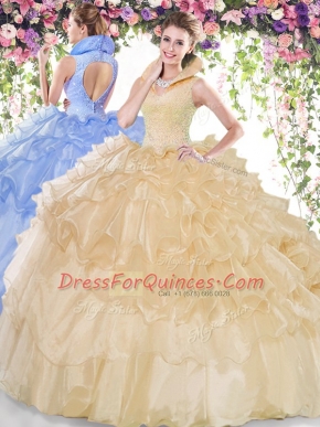 Sleeveless Organza Floor Length Backless Quinceanera Gowns in Champagne with Beading and Ruffled Layers