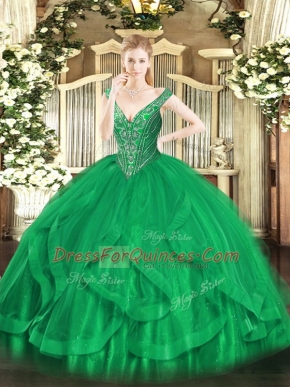 V-neck Sleeveless Lace Up Quince Ball Gowns Green Tulle