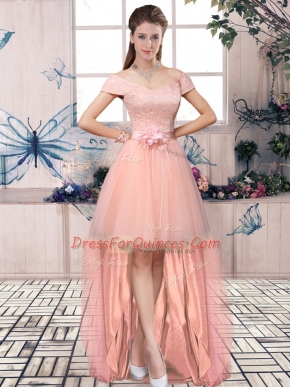 Designer High Low Lace Up Evening Dress Pink for Prom and Party with Lace and Hand Made Flower