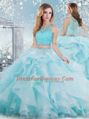 Edgy Aqua Blue Organza Clasp Handle Ball Gown Prom Dress Sleeveless Floor Length Beading and Ruffles