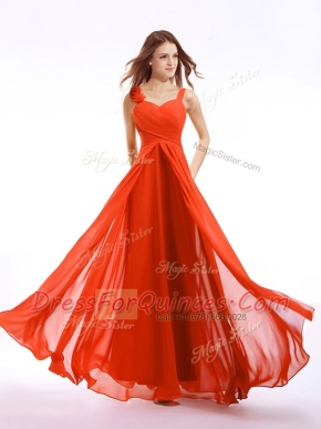 Floor Length Orange Red Evening Dress Straps Sleeveless Zipper