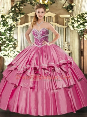 Hot Pink Lace Up Sweetheart Beading and Ruffled Layers Ball Gown Prom Dress Organza and Taffeta Sleeveless