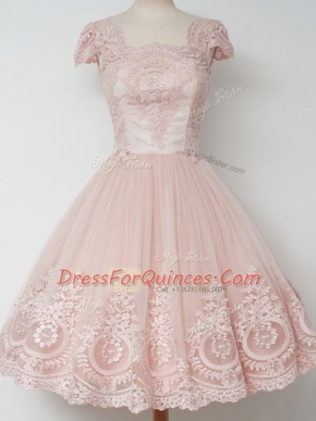 A-line Quinceanera Court Dresses Peach Square Tulle Cap Sleeves Knee Length Zipper
