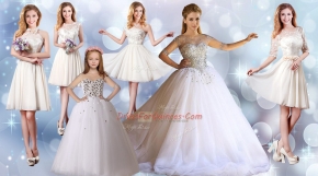 White Quince Ball Gowns Wedding Party with Beading Scoop Half Sleeves Lace Up