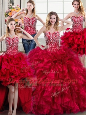 Four Piece Beading and Ruffles Quince Ball Gowns Red Lace Up Sleeveless Brush Train