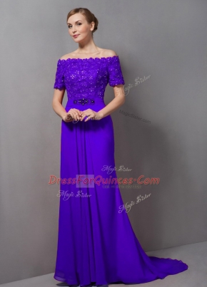 Adorable Empire Short Sleeves Purple Evening Dress Sweep Train Zipper