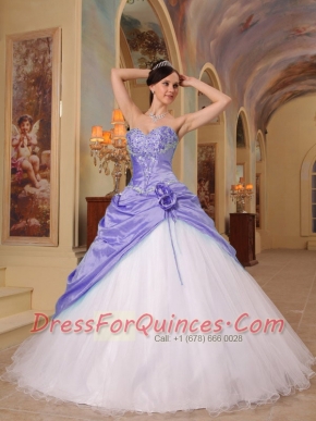 Lilac and White A-Line  Sweetheart Pretty Quinceanera Dresses  with  Beading Tulle and Taffeta