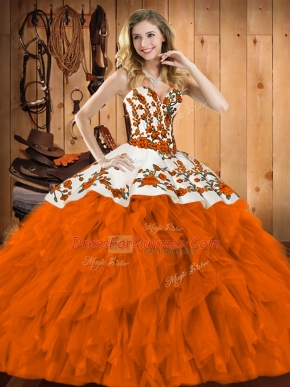 Customized Sweetheart Sleeveless Lace Up Vestidos de Quinceanera Rust Red Satin and Organza