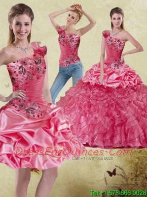 2015 Most Popular Appliques and Ruffles Watermelon Quinceanera Dress