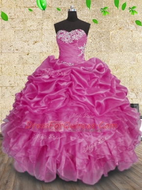 Modest Fuchsia Lace Up Sweetheart Beading and Appliques and Ruffles and Ruching Quinceanera Gown Organza Sleeveless