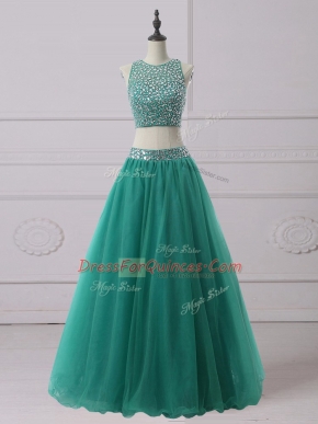 Pretty Green Scoop Neckline Beading Prom Gown Sleeveless Zipper