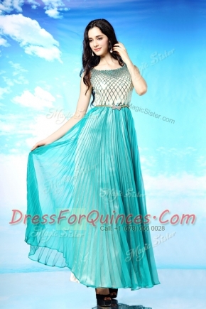Scoop Sleeveless Chiffon Floor Length Side Zipper Prom Dresses in Turquoise with Pleated