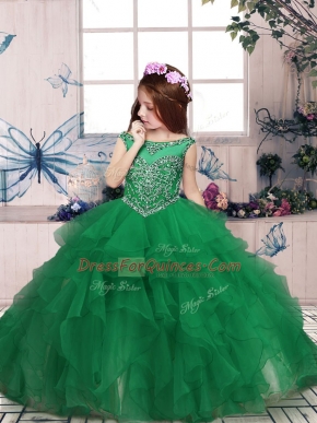 Green Ball Gowns Scoop Sleeveless Organza Floor Length Zipper Beading and Ruffles High School Pageant Dress