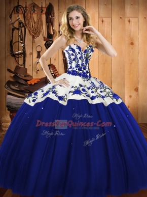 Custom Made Sleeveless Satin and Tulle Floor Length Lace Up Quinceanera Gown in Blue with Embroidery